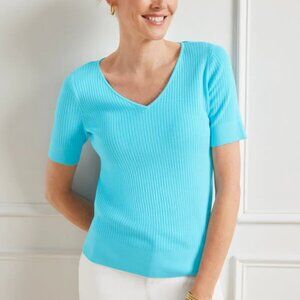 Talbots‎ Petite M Blue Ribbed Knit Short Sleeve Sweater Preppy Coastal Office